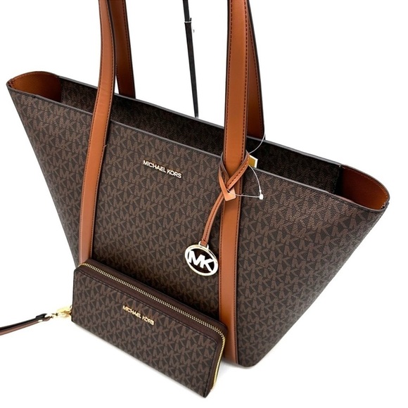 Michael Kors Pratt Large Signature Logo Tote Bag & LG Continental Wallet Brown - Picture 9 of 12